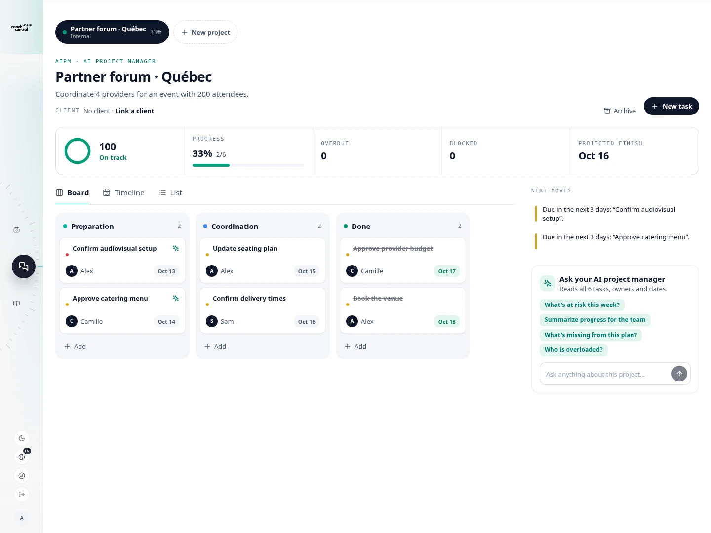 Reach Central AI AIPM board for a sample Québec partner forum, showing six deliverables, owners, dates and AI project guidance