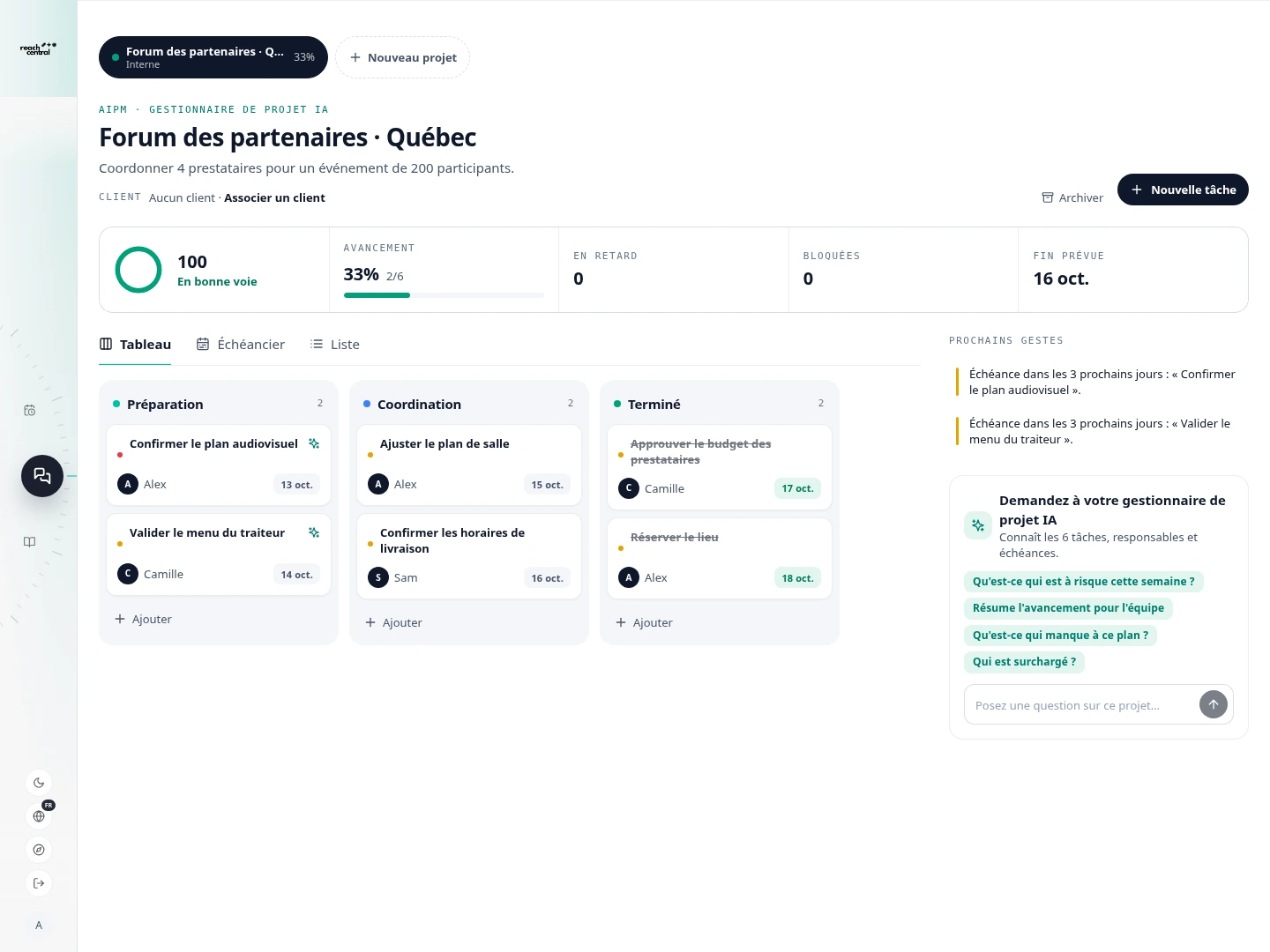 Tableau AIPM de Reach Central AI pour un exemple de forum de partenaires au Québec, avec six livrables, leurs responsables, leurs dates et les conseils du gestionnaire IA