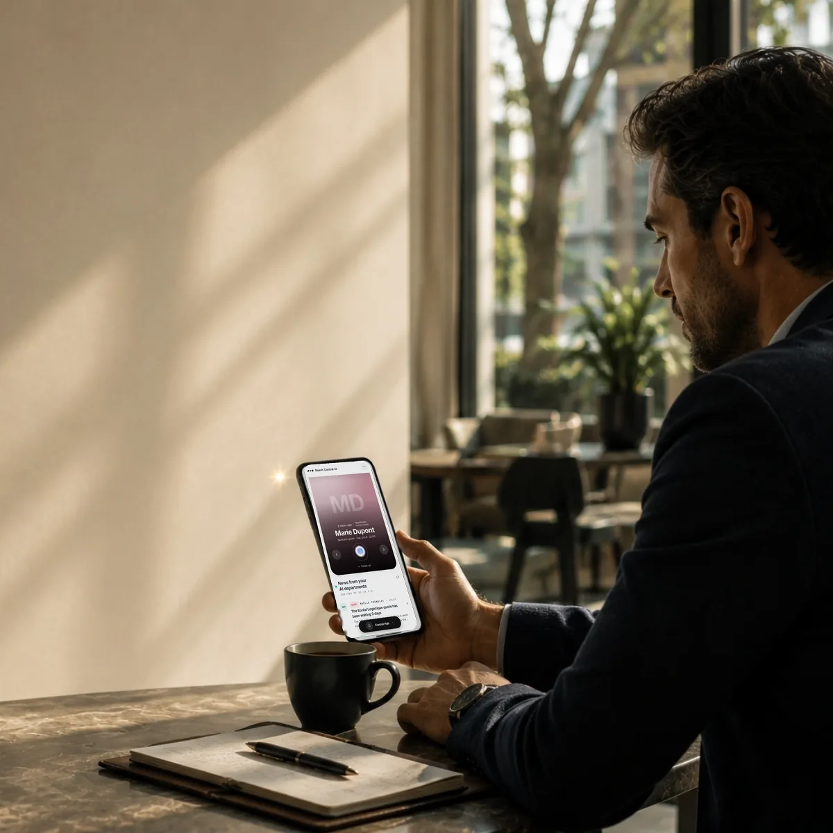 A business owner at a café table holds a phone showing Marie Dupont's client card in Reach Central AI.