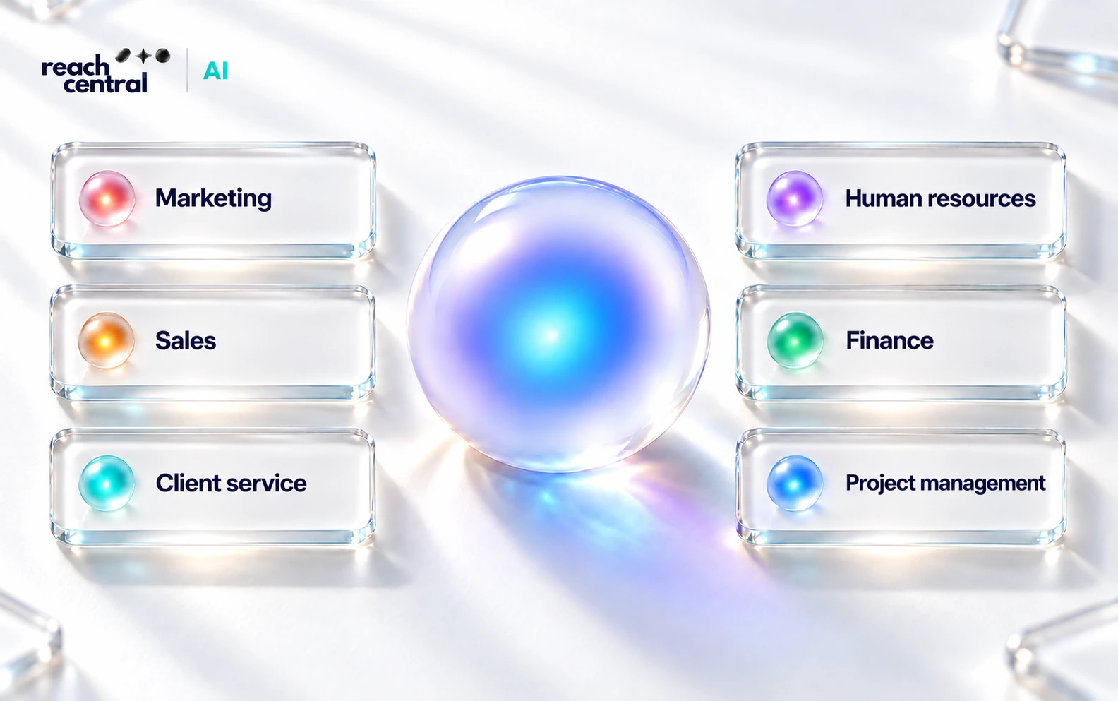 Will, represented by a blue and violet orb, at the centre of six glass panels: marketing, sales, client service, human resources, finance and project management.