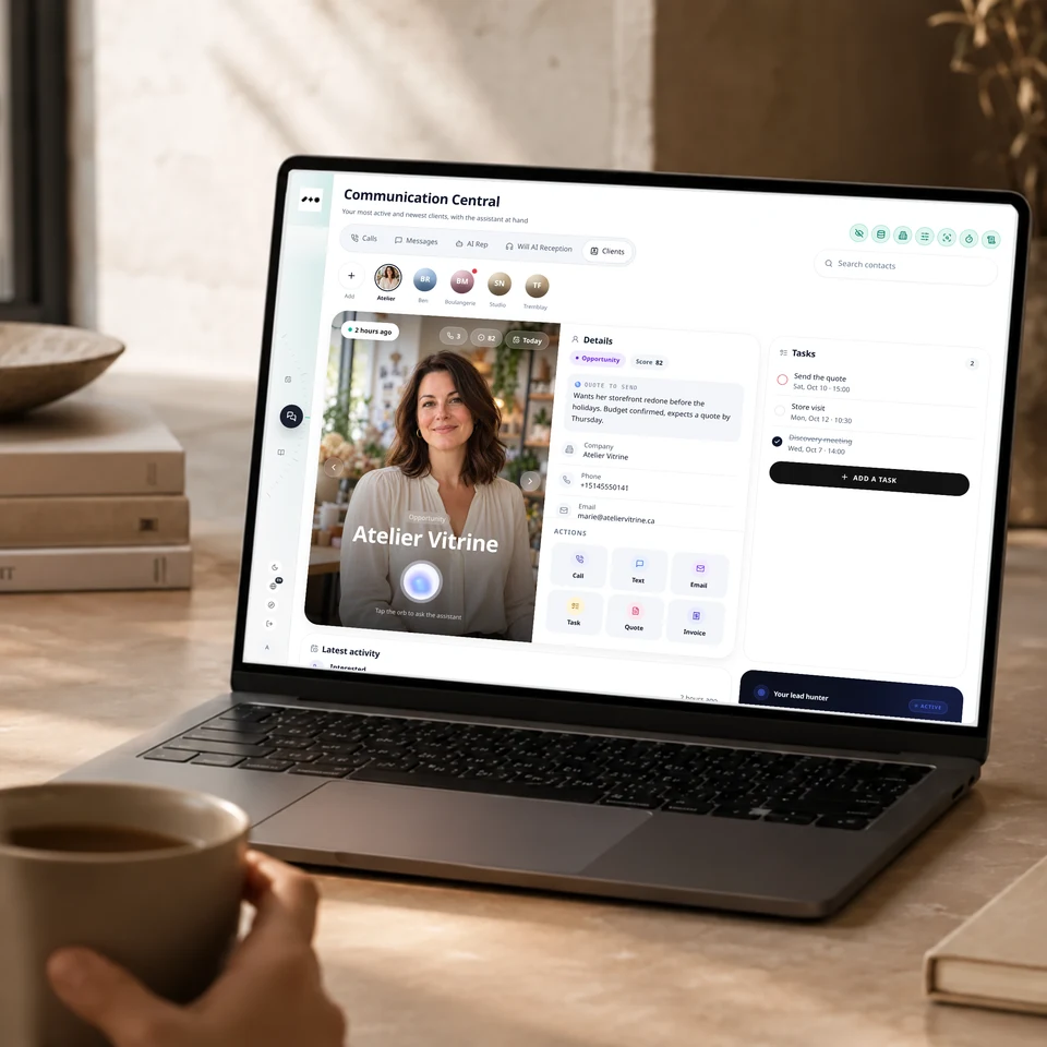 Reach Central AI client-card interface displayed on a laptop, with illustrative client data