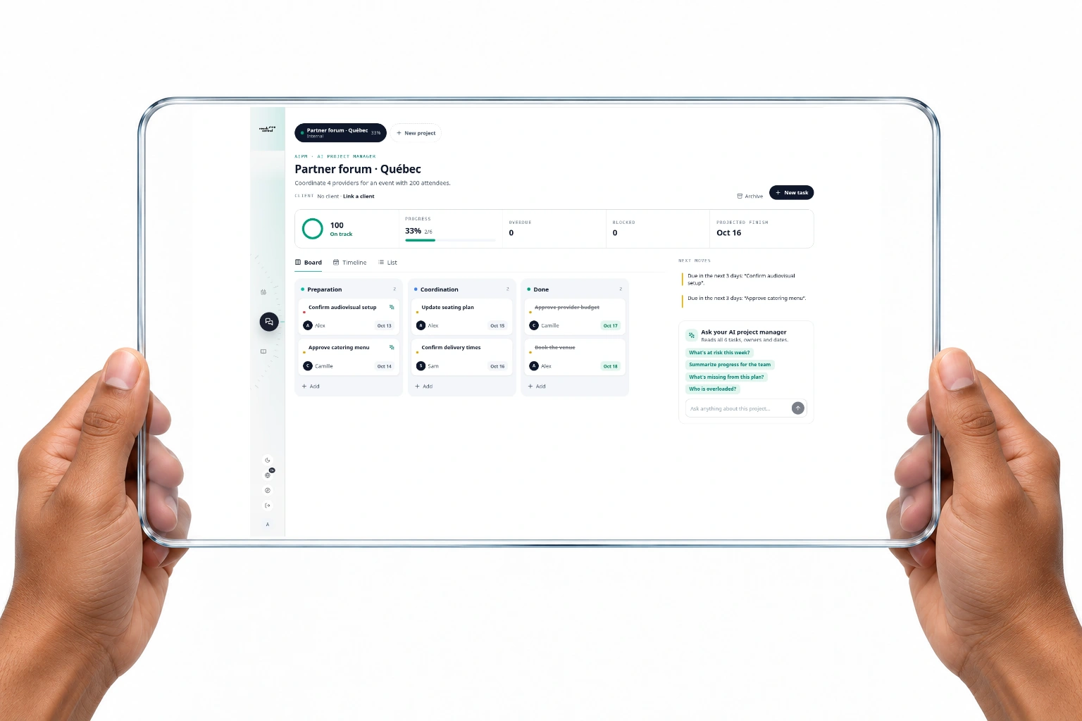 Reach Central AI project manager on a handheld glass panel, with sample event data