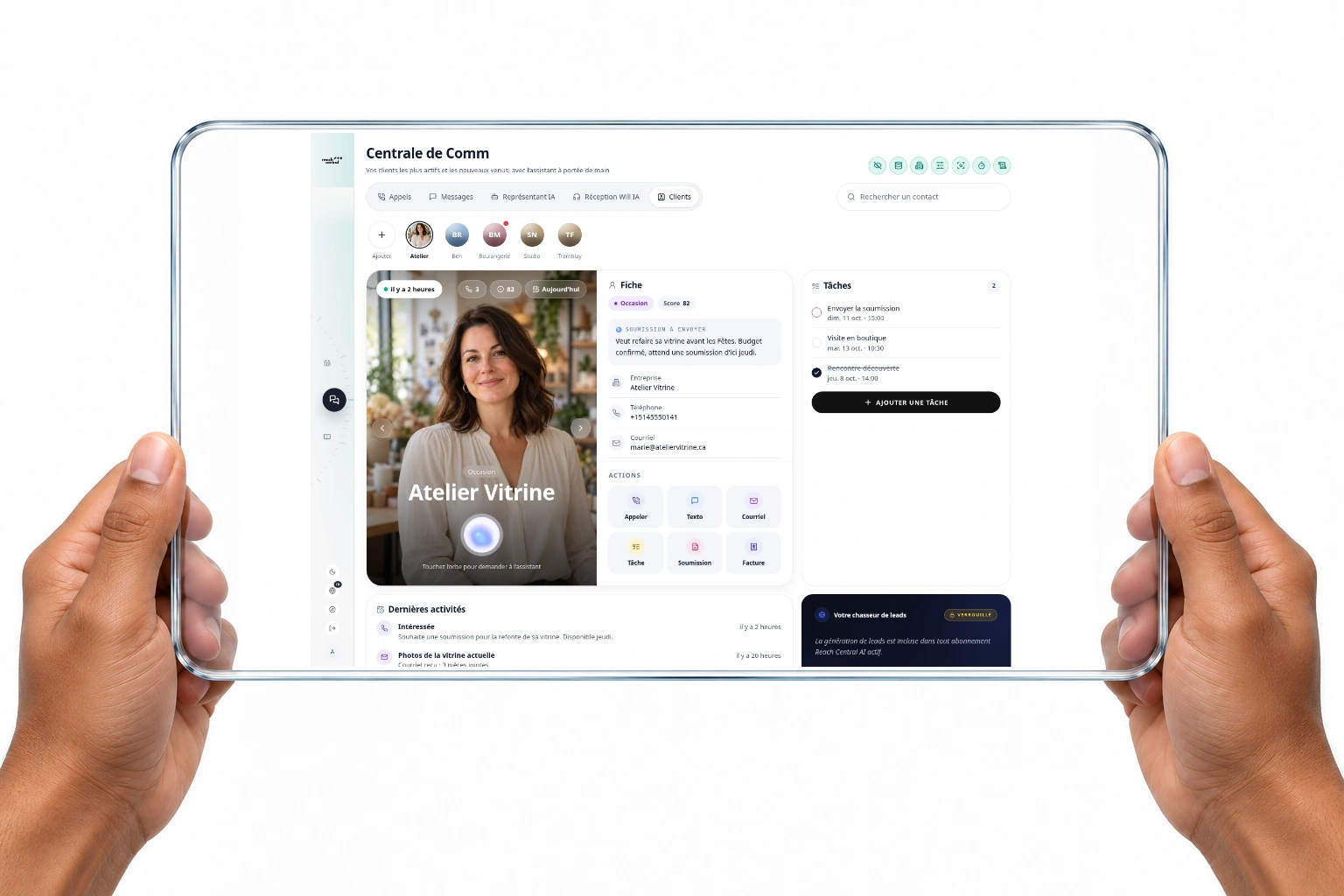 Fiche client actuelle de Reach Central AI avec un profil d’exemple, les coordonnées, l’activité, les tâches de suivi et les actions de communication