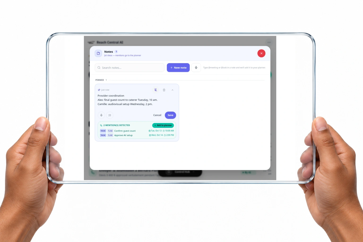 Reach Central AI note editor with two AI-suggested tasks extracted from a provider coordination note, ready to add to the planner