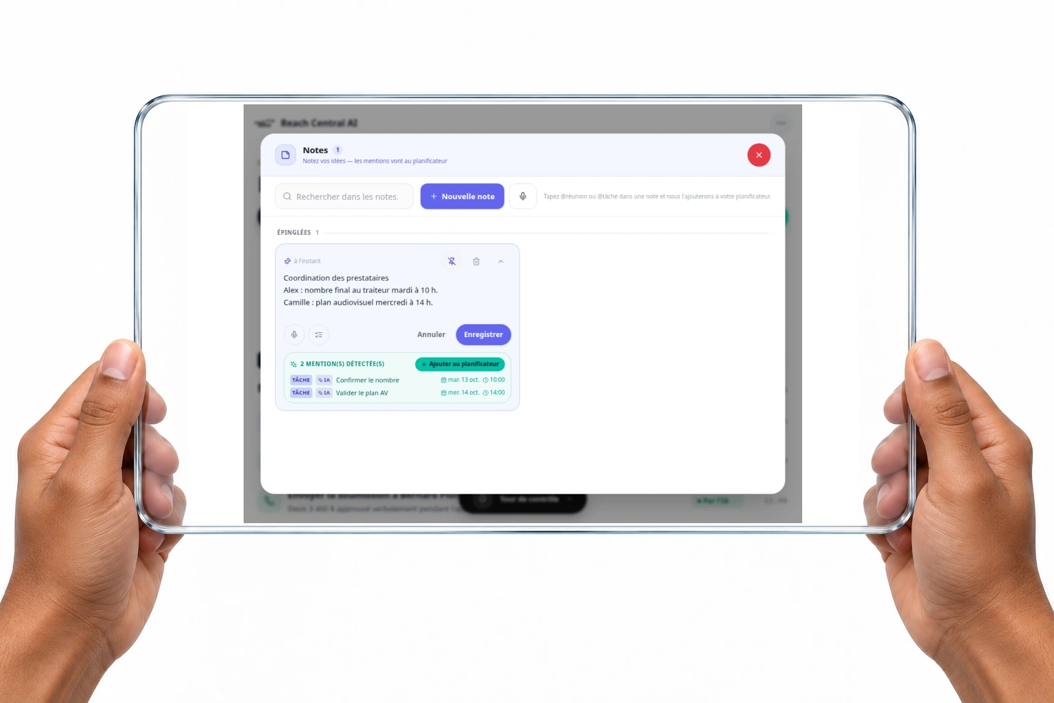 Éditeur de notes Reach Central AI avec deux tâches suggérées par l’IA à partir d’une note de coordination des prestataires, prêtes à ajouter au planificateur
