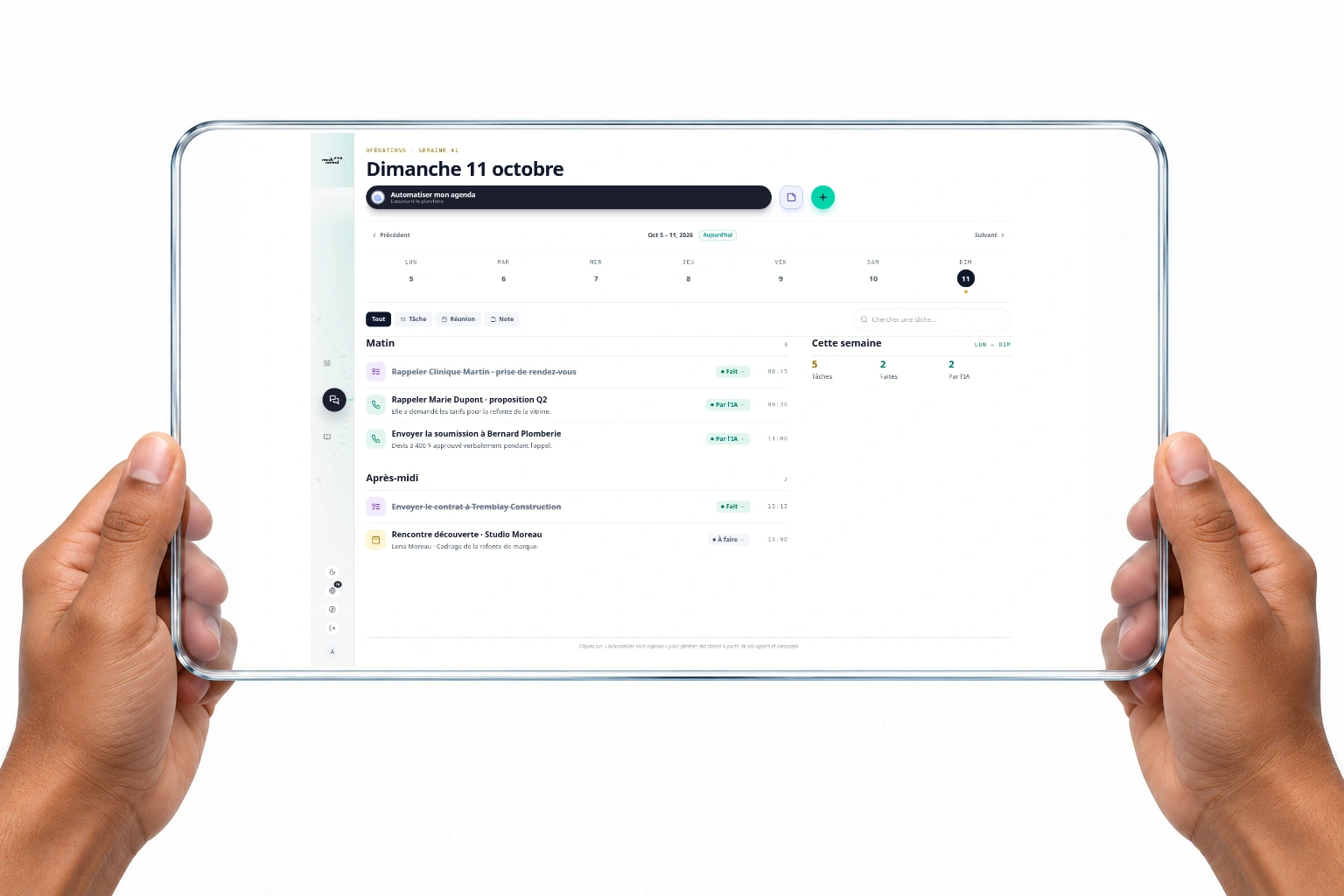 Planificateur actuel de Reach Central AI avec un exemple d’agenda quotidien, des tâches de suivi, des réunions et leur statut