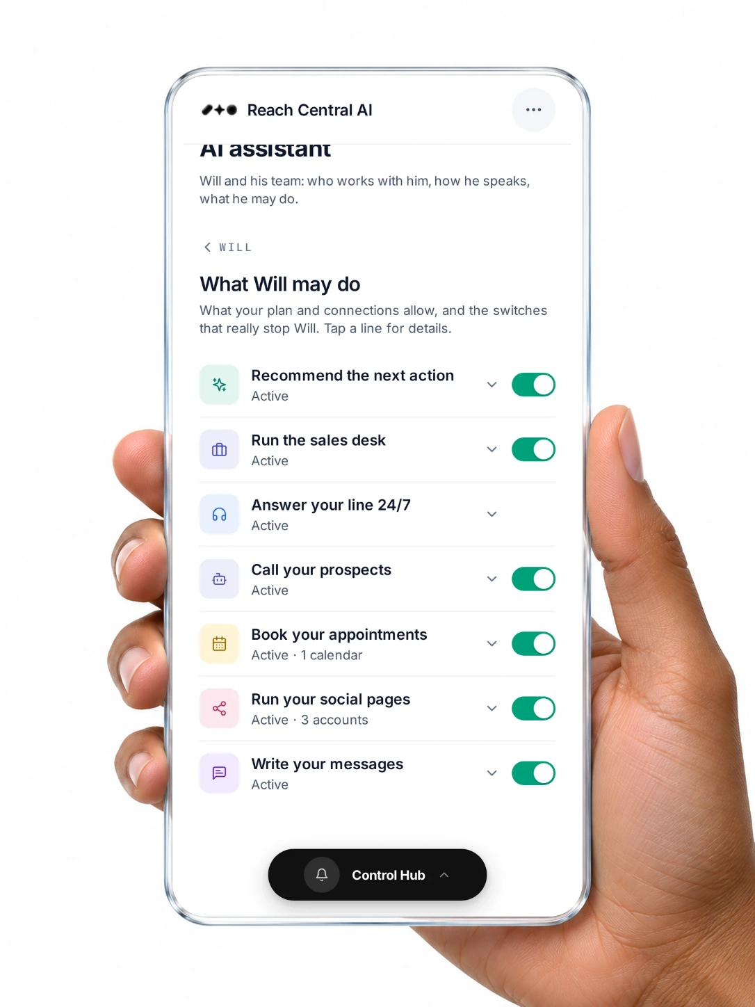 The What Will may do screen on a handheld glass panel, with a switch for each AI capability.