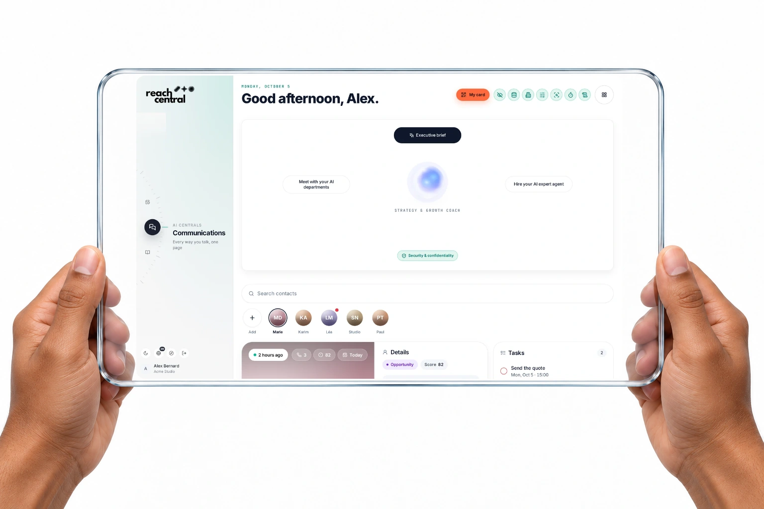 The Reach Central AI command centre with the Executive brief and the strategy and growth coach.