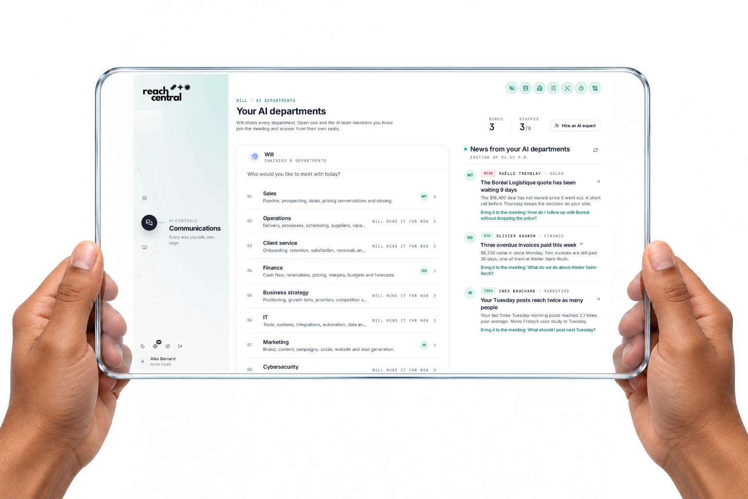 The AI departments directory in Reach Central AI, with today's news from the hired experts.