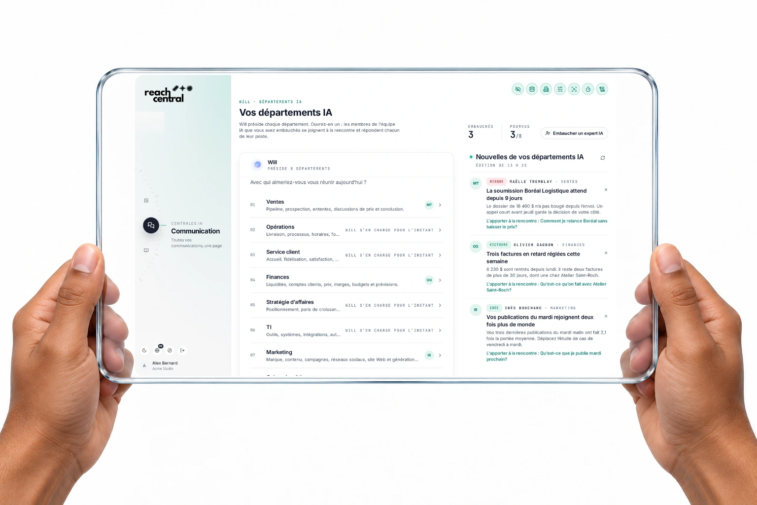 Le répertoire des départements IA dans Reach Central AI, avec les nouvelles du jour des experts embauchés.