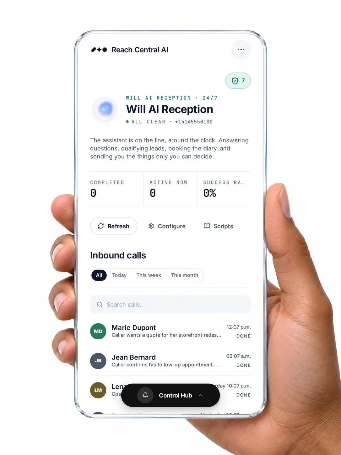 Will AI Reception on a handheld glass panel, with inbound calls and their AI summaries.
