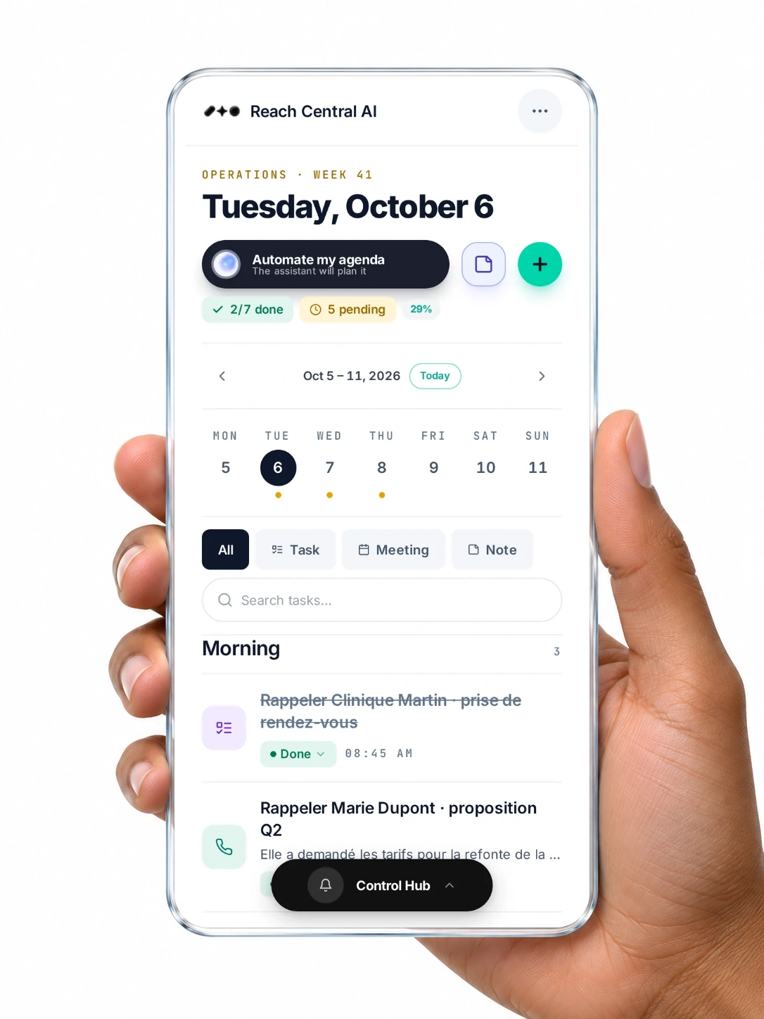 The Reach Central AI planner on a handheld glass panel, with Automate my agenda and the morning's tasks.