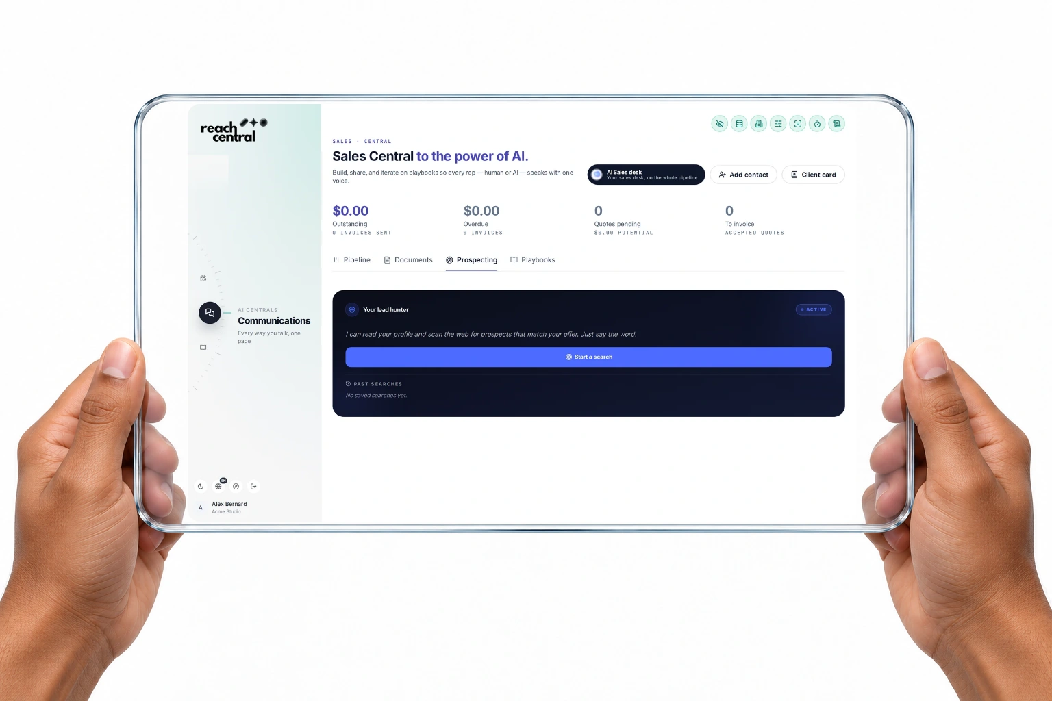 Sales Central's Prospecting tab in Reach Central AI with the lead hunter ready to start a search.