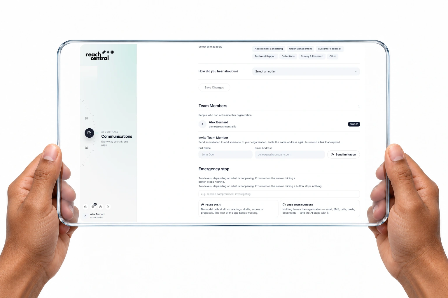 The Emergency stop settings in Reach Central AI, with Pause the AI and Lock down outbound.