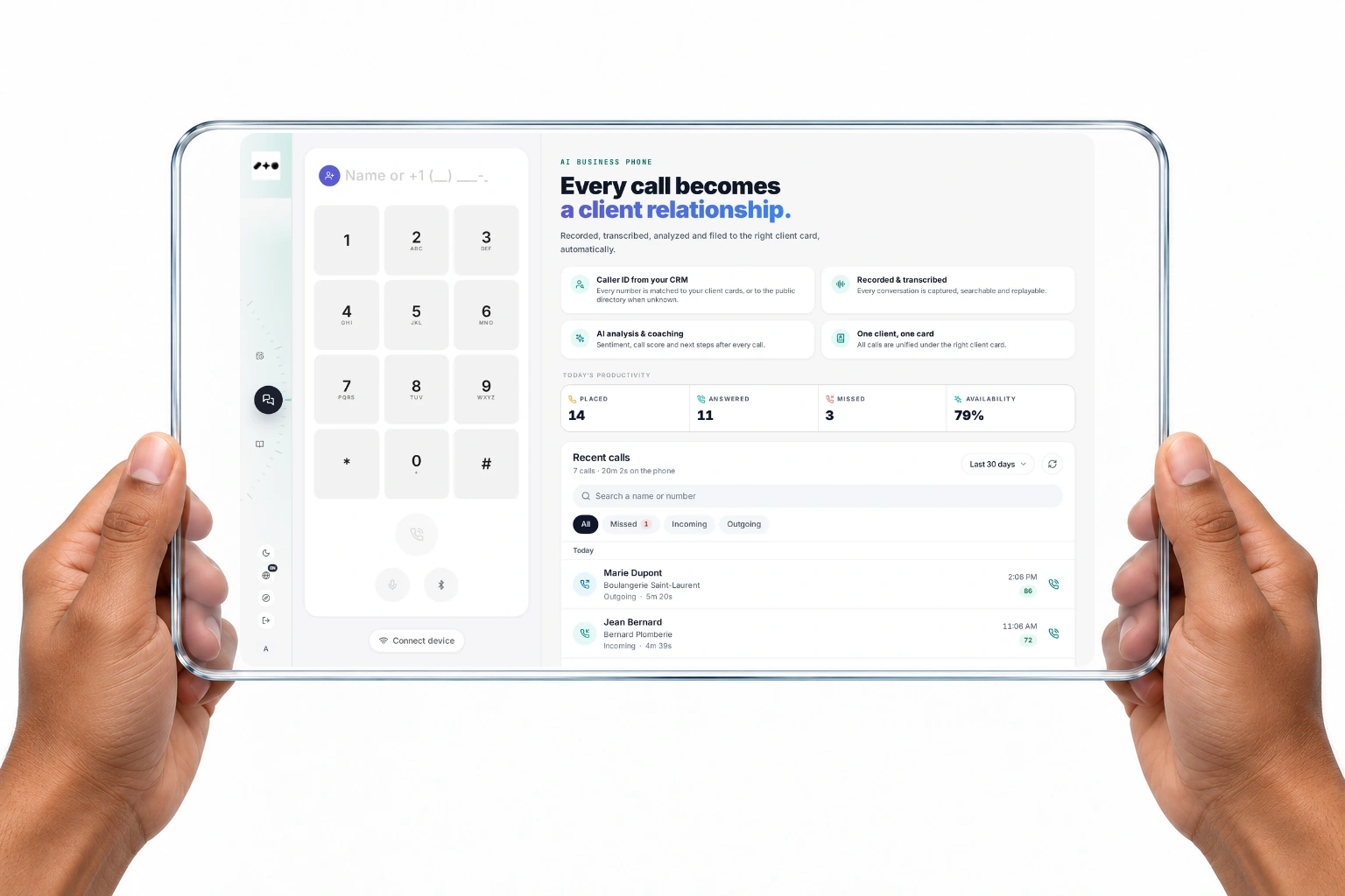 Communication Central in Reach Central AI: the business phone with recent calls, and the unified inbox on a handheld glass panel.